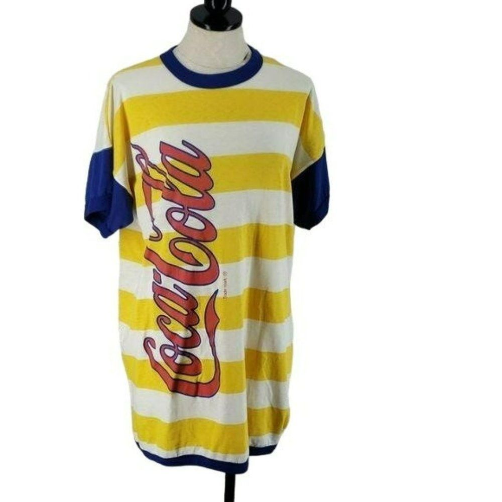 Vintage Coca-Cola Striped Ringer T-Shirt Yellow White Blue Large Logo 80s XL